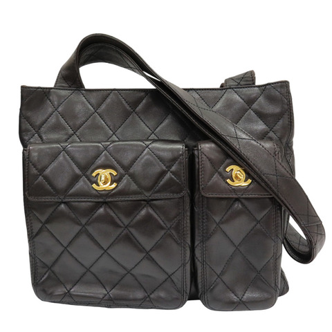 棕色 羊皮 Vintage 雙口袋 托特包 肩背包 金釦 (無卡/變色)【CHANEL 香奈兒】