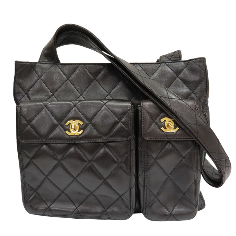 棕色 羊皮 Vintage 雙口袋 托特包 肩背包 金釦 (無卡/變色)【CHANEL 香奈兒】-0