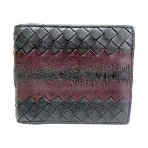 黑/深紅色 牛皮編織 雙折短夾【BOTTEGA VENETA BV 寶緹嘉】