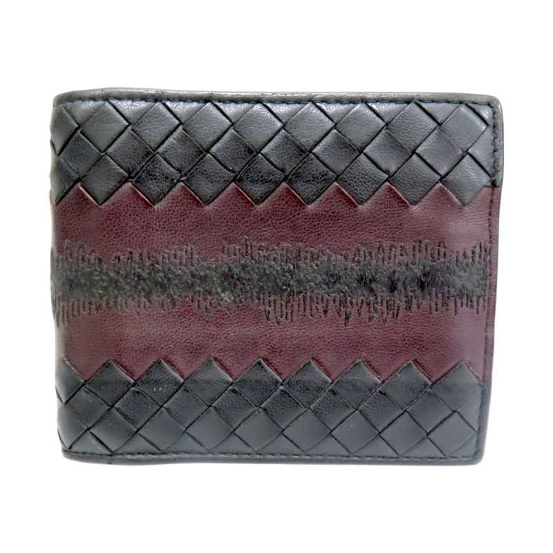黑/深紅色 牛皮編織 雙折短夾【BOTTEGA VENETA BV 寶緹嘉】-0