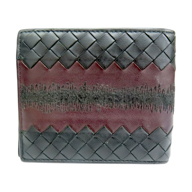 黑/深紅色 牛皮編織 雙折短夾【BOTTEGA VENETA BV 寶緹嘉】-1