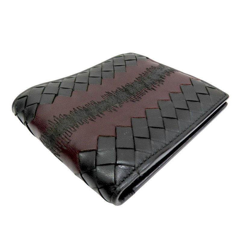 黑/深紅色 牛皮編織 雙折短夾【BOTTEGA VENETA BV 寶緹嘉】-2