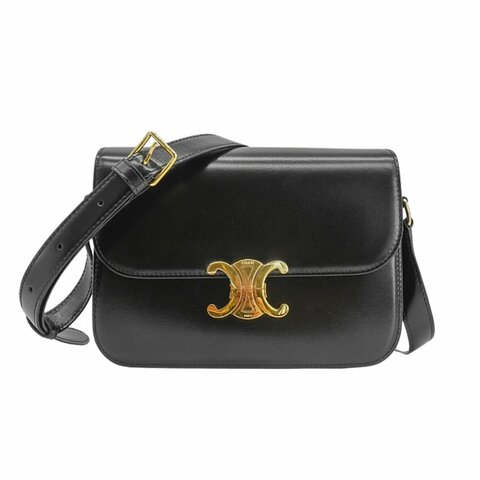 Celine 展示品 Triomphe 亮面牛皮中型肩背/斜背二用包(黑)