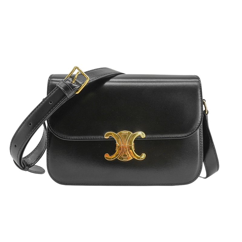 Celine 展示品 Triomphe 亮面牛皮中型肩背/斜背二用包(黑)-0