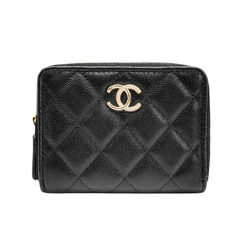 Chanel 粒紋牛皮刻紋金logo拉鍊對開短夾(AP4910-黑)-0
