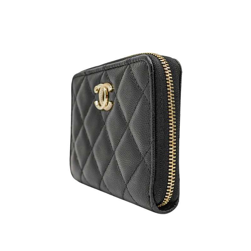 Chanel 粒紋牛皮刻紋金logo拉鍊對開短夾(AP4910-黑)-1