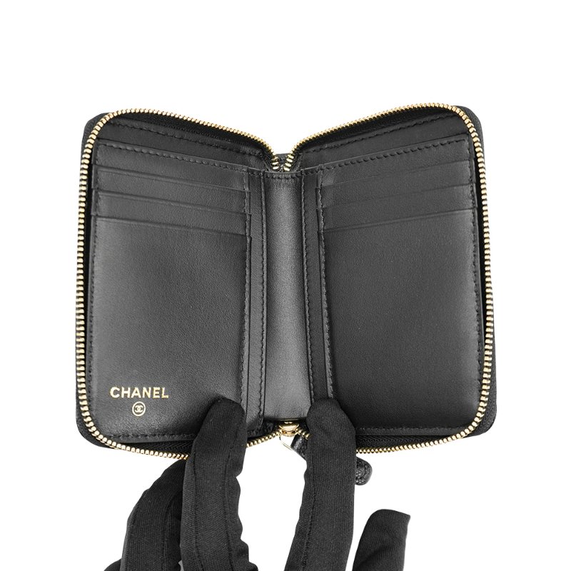 Chanel 粒紋牛皮刻紋金logo拉鍊對開短夾(AP4910-黑)-5