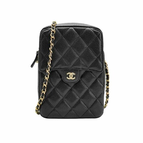 Chanel 粒紋牛皮淡金釦直式斜背包(AP4424-黑)