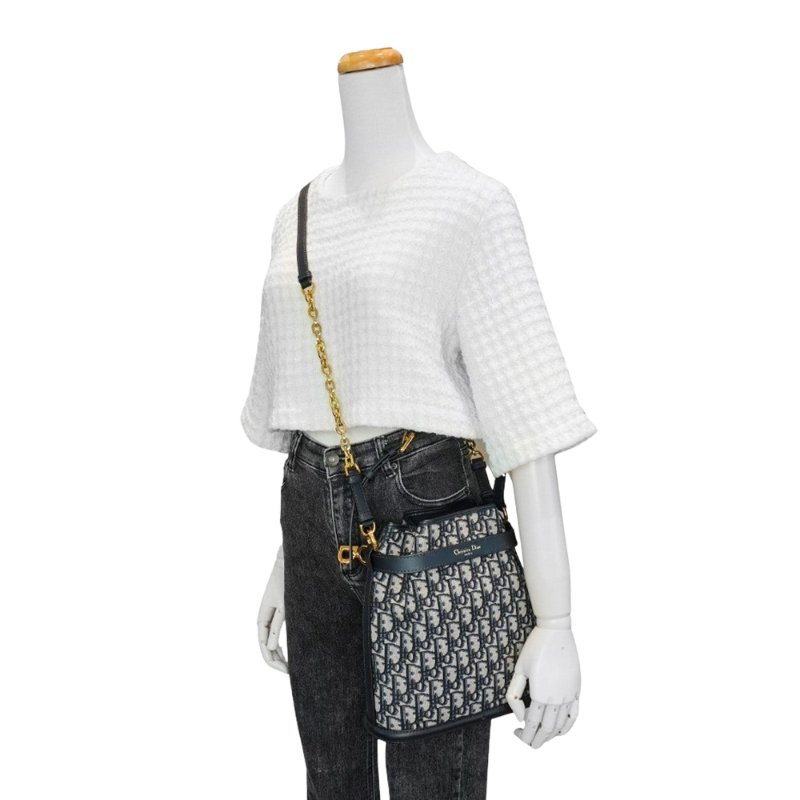 Dior C'est Dior Oblique 緹花布手提斜背水桶包-中(藍)-5