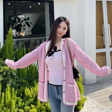 CHANEL pink針織開衫外套罩衫🫟工藝獅子釦外套🦁新年好氣色
