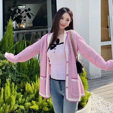 CHANEL pink粉色針織開衫外套🫟獅子釦-寬鬆版型