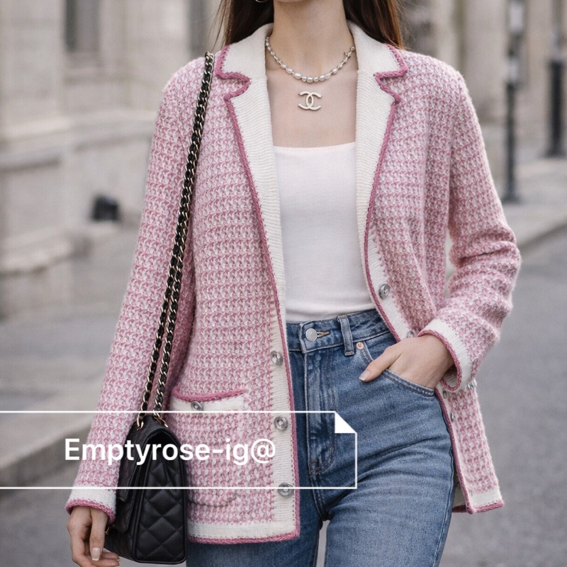 CHANEL pink粉色針織開衫外套獅子釦-寬鬆版型-4