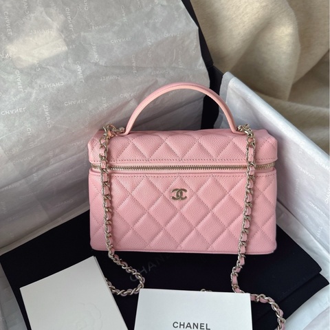 【配件：防塵袋、小票 💕 】Chanel 25B lp 飯盒包 盒子包 粉色 蜜桃粉 珊瑚粉 荔枝牛皮 肩帶可拆卸 手提 單肩 斜挎