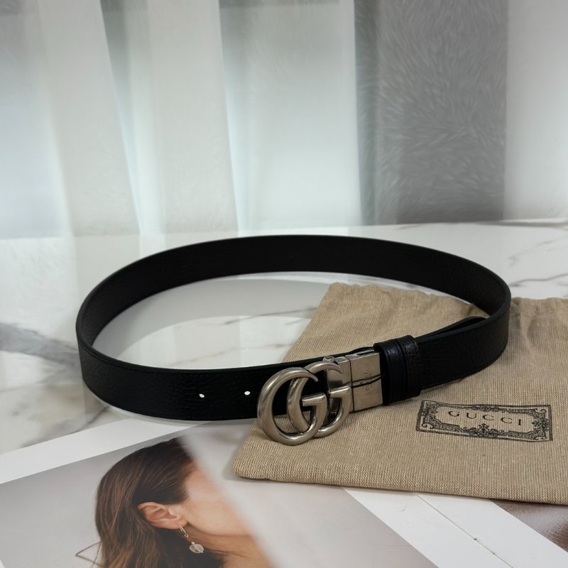 GUCCI 雙G腰帶 - 黑銀 85-0