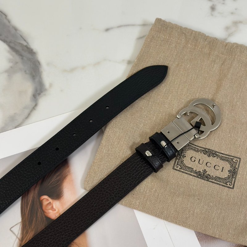 GUCCI 雙G腰帶 - 黑銀 85-5