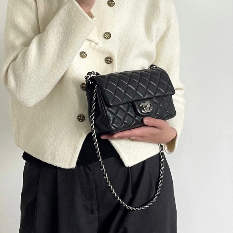 【98新🆕】Chanel 黑銀CF大mini 銀扣 斜挎包-3
