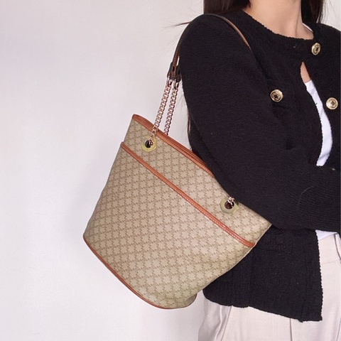 Celine Macadam 水桶包 腋下包 淺棕老花 真皮包 蓆琳