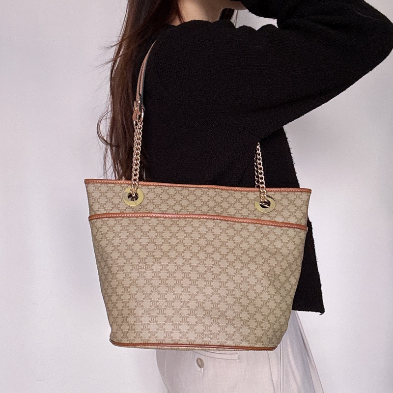 Celine Macadam 水桶包 腋下包 淺棕老花 真皮包 蓆琳-1