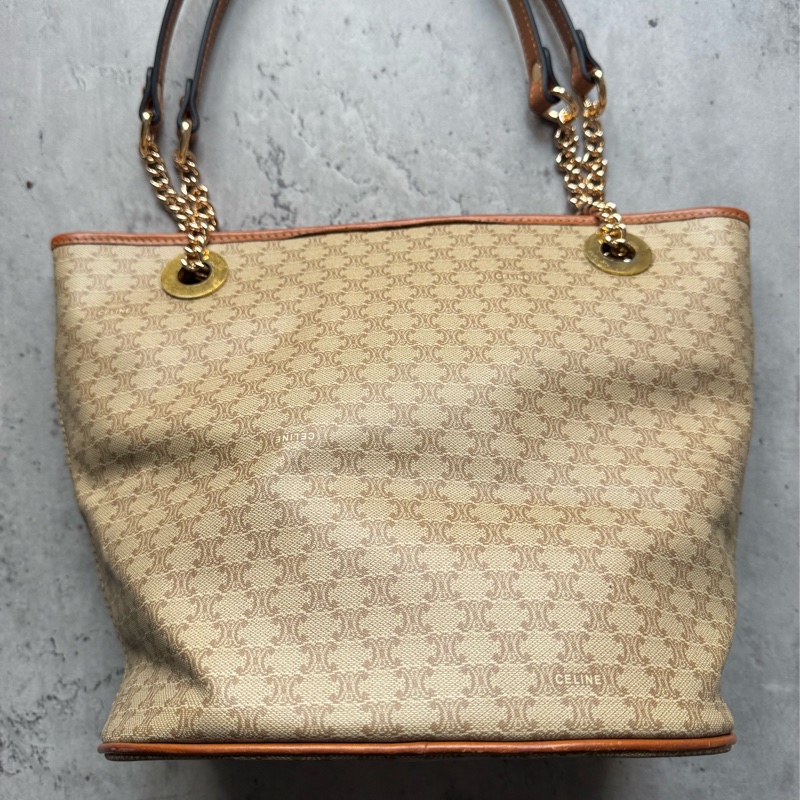 Celine Macadam 水桶包 腋下包 淺棕老花 真皮包 蓆琳-3