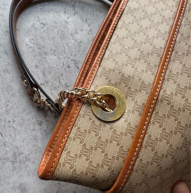 Celine Macadam 水桶包 腋下包 淺棕老花 真皮包 蓆琳-10