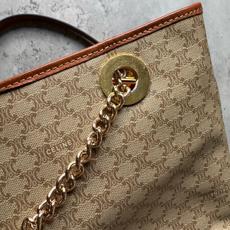 Celine Macadam 水桶包 腋下包 淺棕老花 真皮包 蓆琳-14