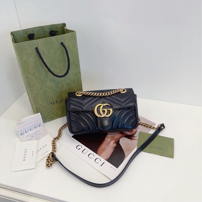 【98新🆕】Gucci 黑金 馬蒙 marmont 22 鏈條包 斜挎包-0