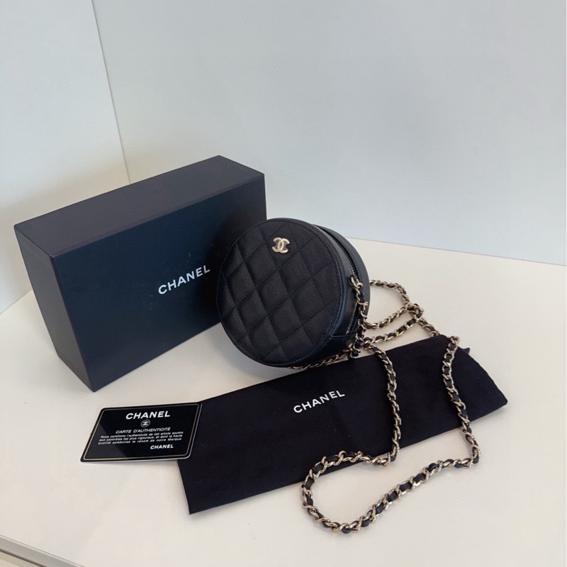 【閒置🆕帶膜】Chanel  黑金荔枝牛皮小圓餅 鏈條包 斜挎包-3