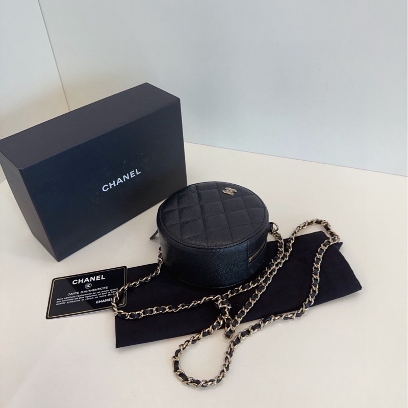【閒置🆕帶膜】Chanel  黑金荔枝牛皮小圓餅 鏈條包 斜挎包-5