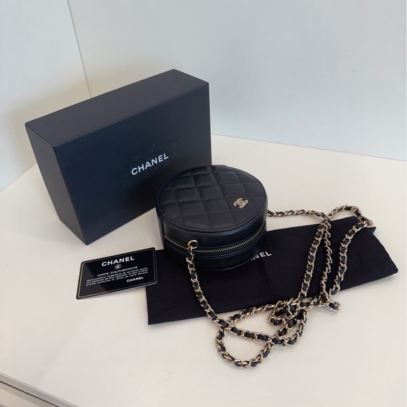 【閒置🆕帶膜】Chanel  黑金荔枝牛皮小圓餅 鏈條包 斜挎包-6