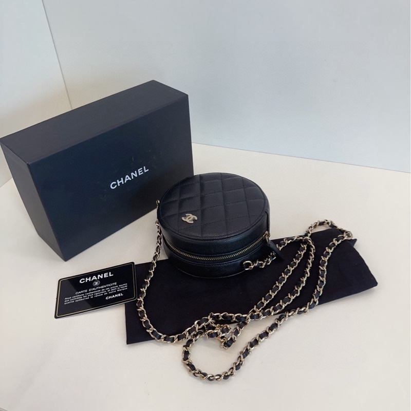 【閒置🆕帶膜】Chanel  黑金荔枝牛皮小圓餅 鏈條包 斜挎包-7