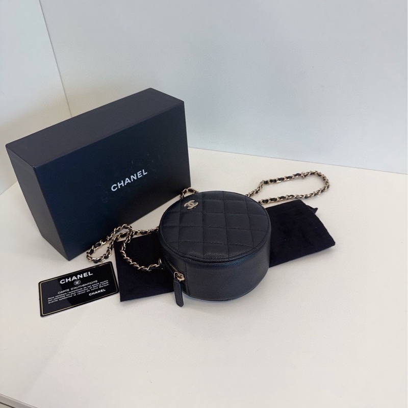 【閒置🆕帶膜】Chanel  黑金荔枝牛皮小圓餅 鏈條包 斜挎包-8