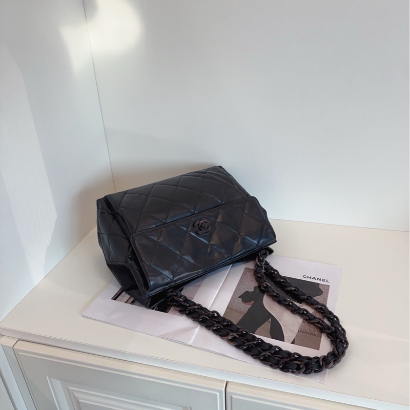 【97新🆕】Chanel soblack黑天使大菱格亞克力粗鏈條tote奶粉包 像塊濃郁的黑巧🍫方正 單肩包-3