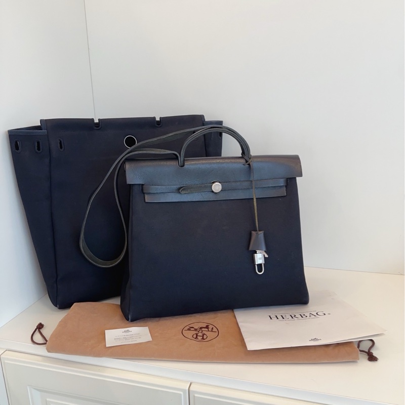 【97新🆕】Hermes  Herbag 39 黑色銀扣單肩包 雙替換袋 手提包-0