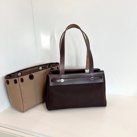 【9798新🆕】Hermes 橫版Herbag Tote 深淺棕色🏾雙替換袋 銀扣 框H 單肩包
