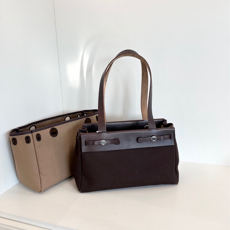 【9798新🆕】Hermes 橫版Herbag Tote 深淺棕色🏾雙替換袋 銀扣 框H 單肩包-1