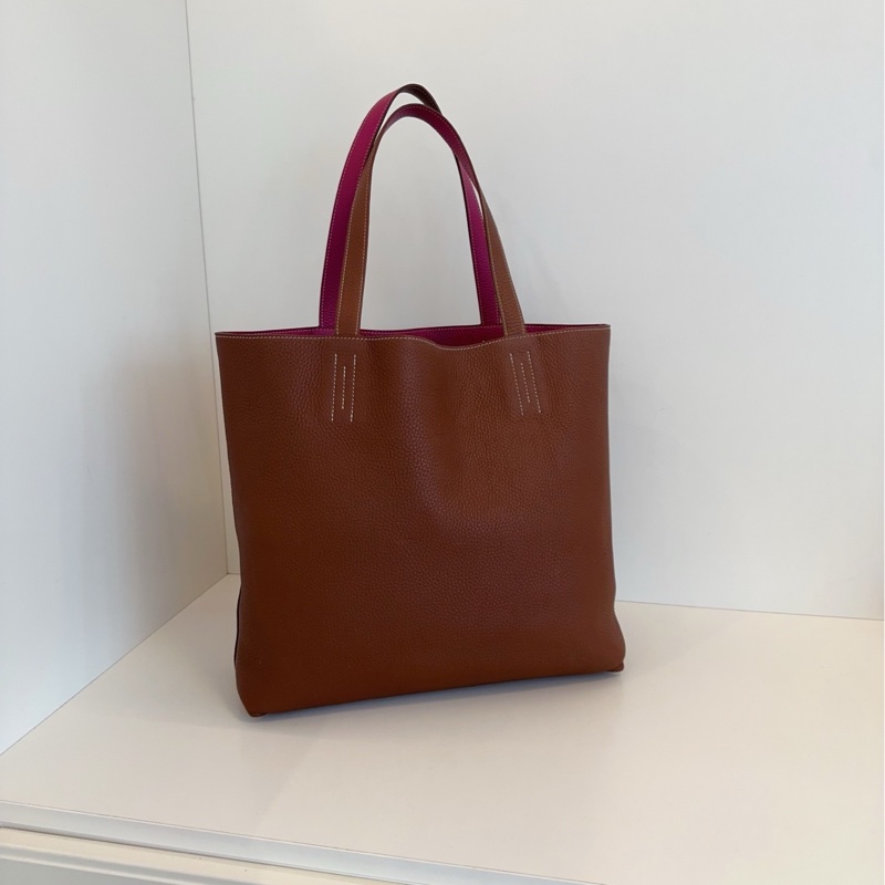 【99新🆕】Hermes Double Sens 35 Tote 雙面全皮托特包 單肩包 深棕拼紫紅色外縫線 框Q 手提包-0