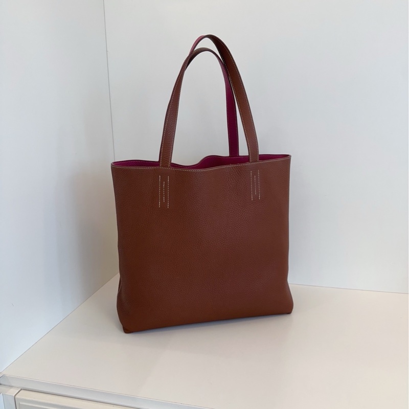 【99新🆕】Hermes Double Sens 35 Tote 雙面全皮托特包 單肩包 深棕拼紫紅色外縫線 框Q 手提包-1