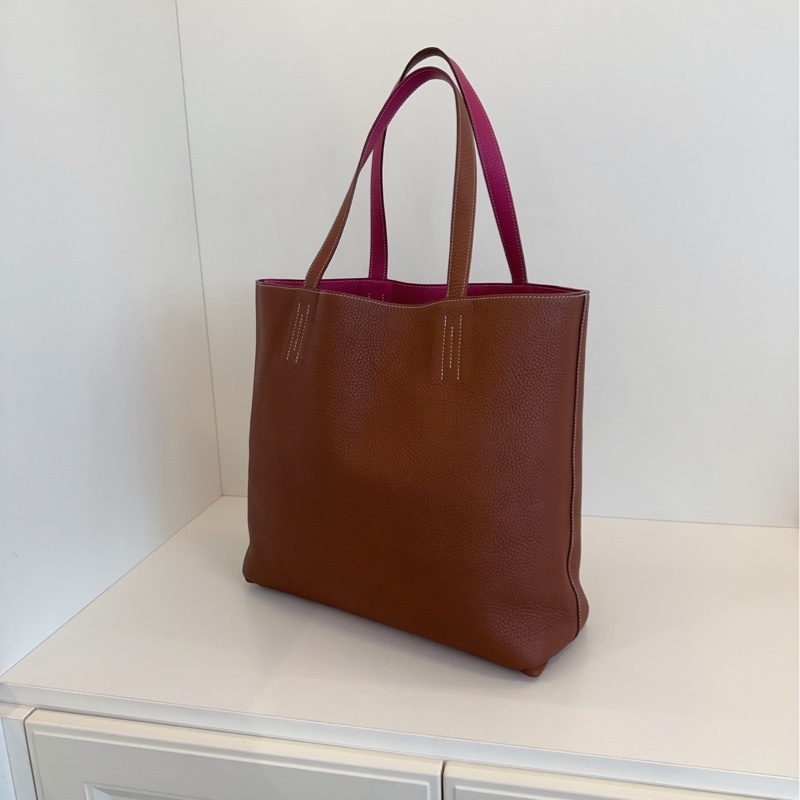 【99新🆕】Hermes Double Sens 35 Tote 雙面全皮托特包 單肩包 深棕拼紫紅色外縫線 框Q 手提包-3