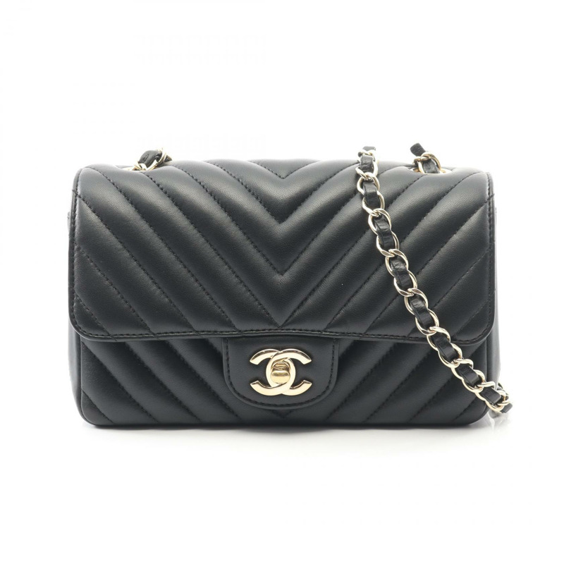 香奈兒迷你20 V型縫線人字紋肩背包 A69900 羊皮 黑色 二手 金色五金-0