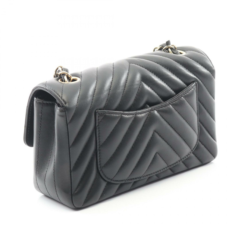 香奈兒迷你20 V型縫線人字紋肩背包 A69900 羊皮 黑色 二手 金色五金-1