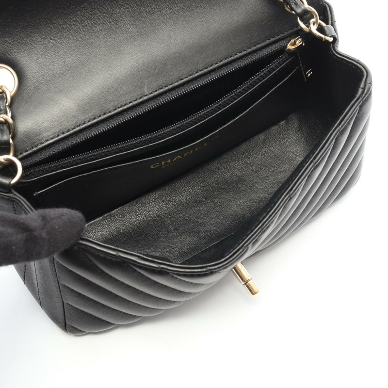 香奈兒迷你20 V型縫線人字紋肩背包 A69900 羊皮 黑色 二手 金色五金-2