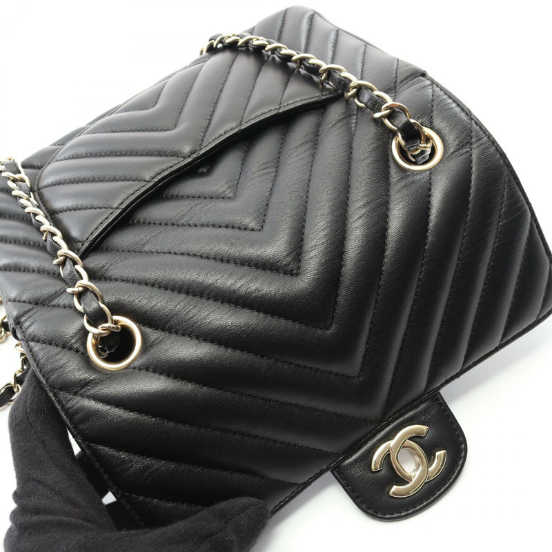 香奈兒迷你20 V型縫線人字紋肩背包 A69900 羊皮 黑色 二手 金色五金-8