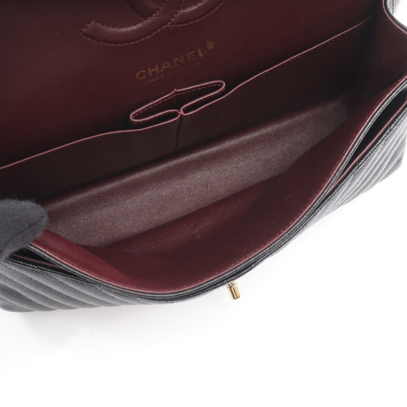 香奈兒 (CHANEL) 人字紋 V 型縫線 W 翻蓋鏈條單肩背包 A01166 黑色皮革 GHW-2