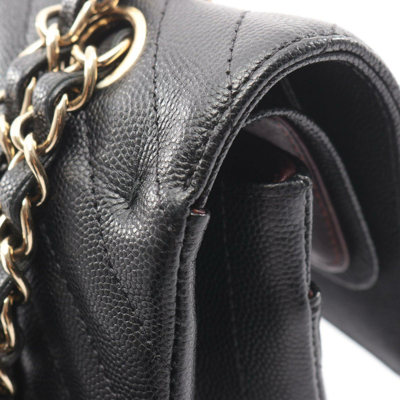 香奈兒 (CHANEL) 人字紋 V 型縫線 W 翻蓋鏈條單肩背包 A01166 黑色皮革 GHW-5