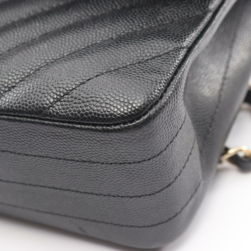 香奈兒 (CHANEL) 人字紋 V 型縫線 W 翻蓋鏈條單肩背包 A01166 黑色皮革 GHW-6