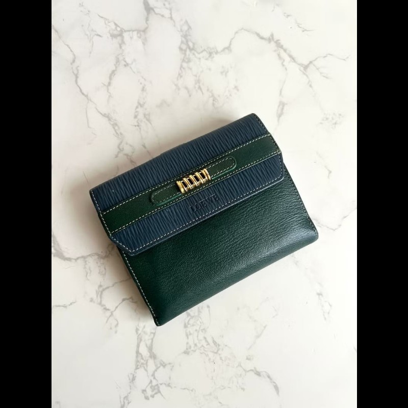 【LA LUNE】稀有中古包 Loewe藍綠色金蛇骨中夾 錢包 短夾 皮革包 古董二手包-0