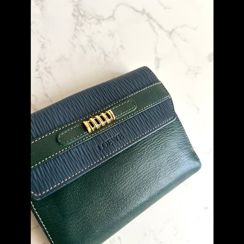【LA LUNE】稀有中古包 Loewe藍綠色金蛇骨中夾 錢包 短夾 皮革包 古董二手包-2