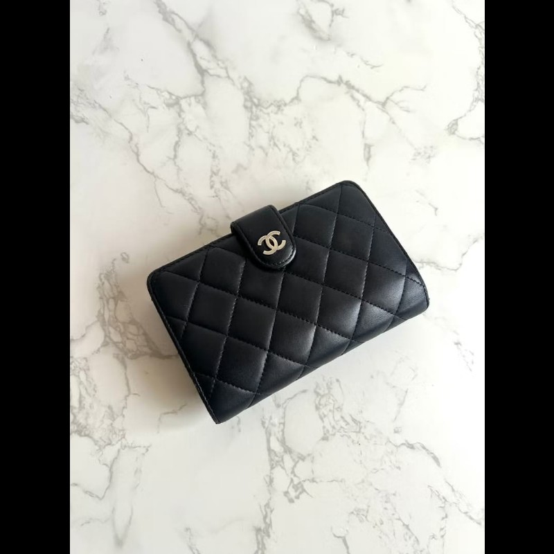 【LA LUNE】Chanel 黑色菱格小羊皮革中夾 錢包 銀包 卡片零錢包 中古包 二手-0