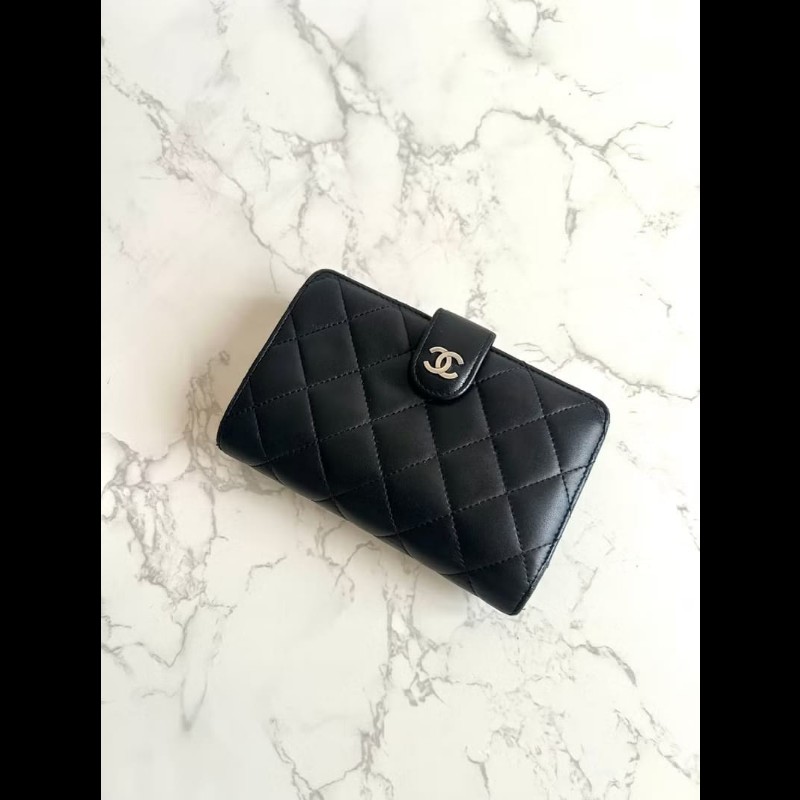 【LA LUNE】Chanel 黑色菱格小羊皮革中夾 錢包 銀包 卡片零錢包 中古包 二手-1
