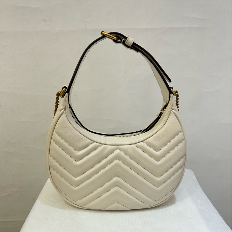 GUCCI白牛皮金釦marmont圓弧手提包-2